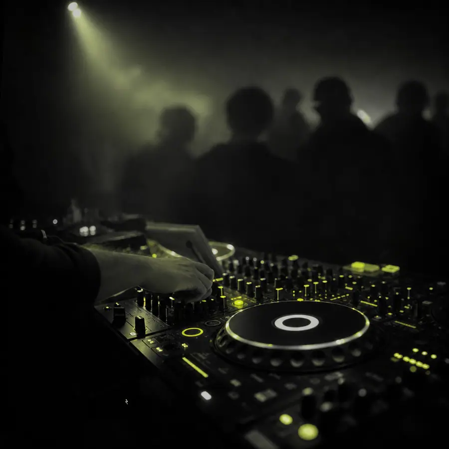 Manos del DJ sobre el mixer